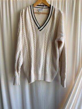 Vintage La Redoute Italy Cable Knit V-Neck Sweater White/Green Trim Size XLT